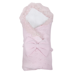Комплект на выписку 4 предм"Сердечки"(одеяло 90*90 вязаноеодеяло утеплбязьуголок кулирпояс) Розовый Эдельвейс